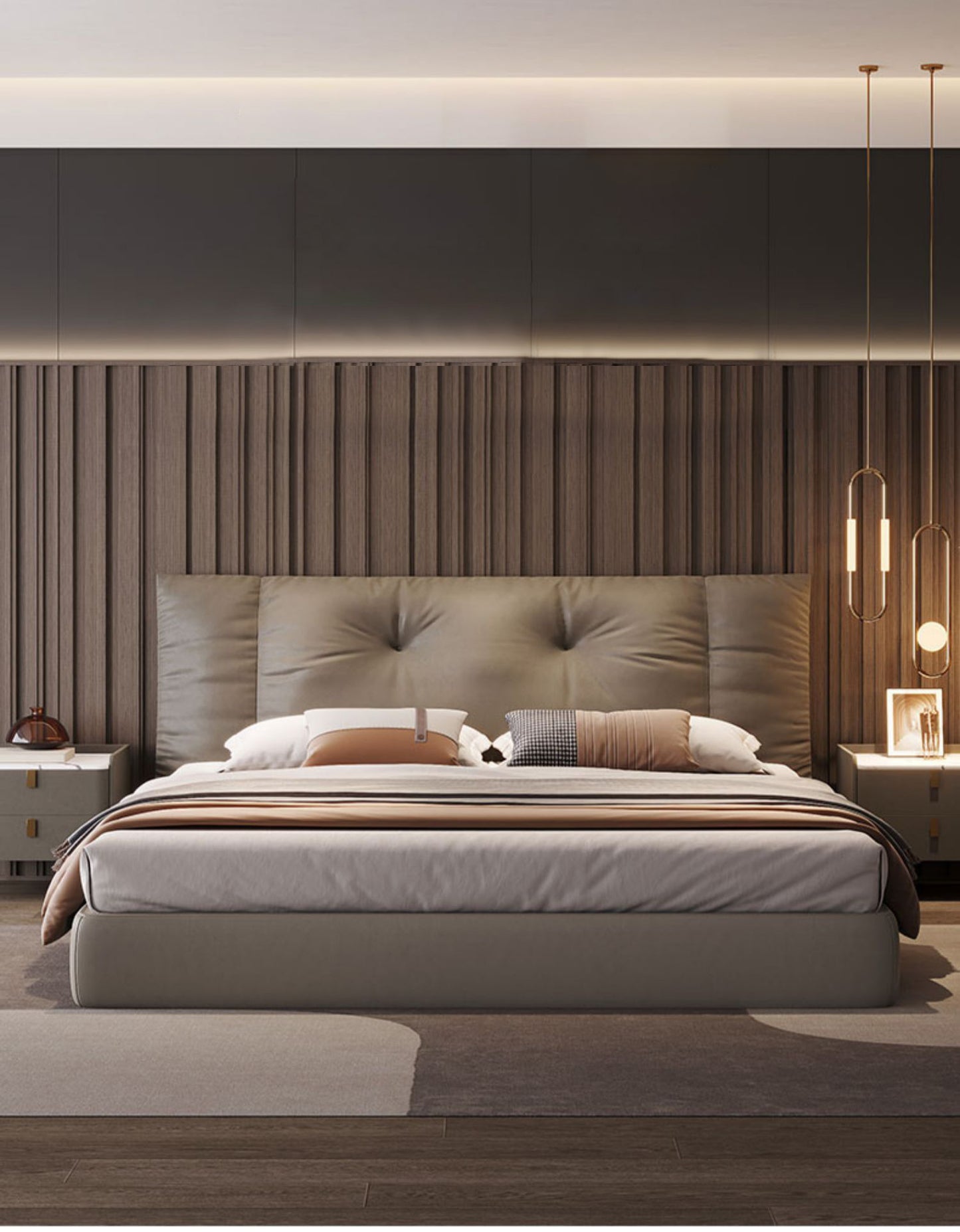 سرير بسيط من الجلد الطبيعي الناعم الفاخر بحجم كوين/كينج