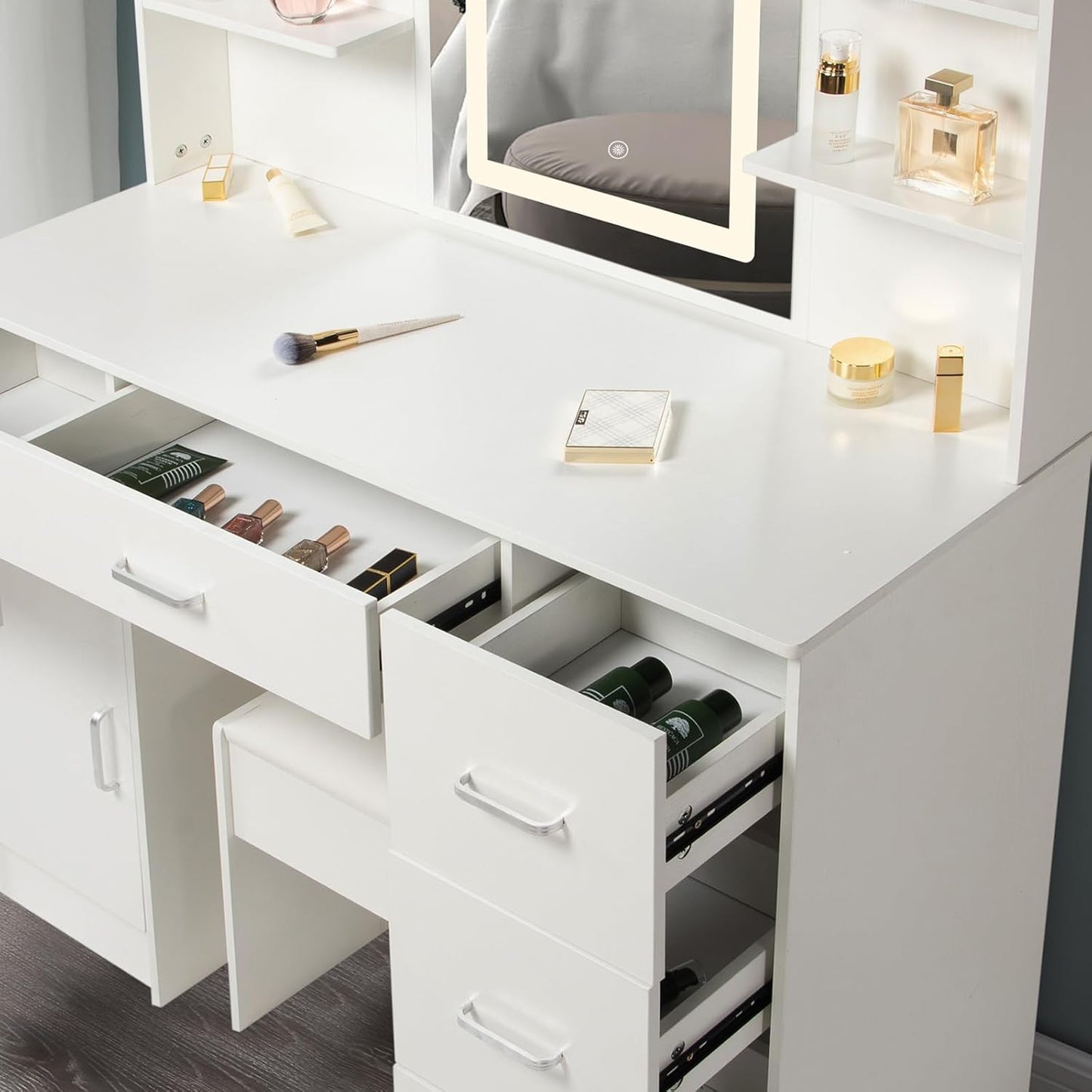 Inhabit Extra Storage Touch Mirrored Makeup Vanity With Stool Chair
