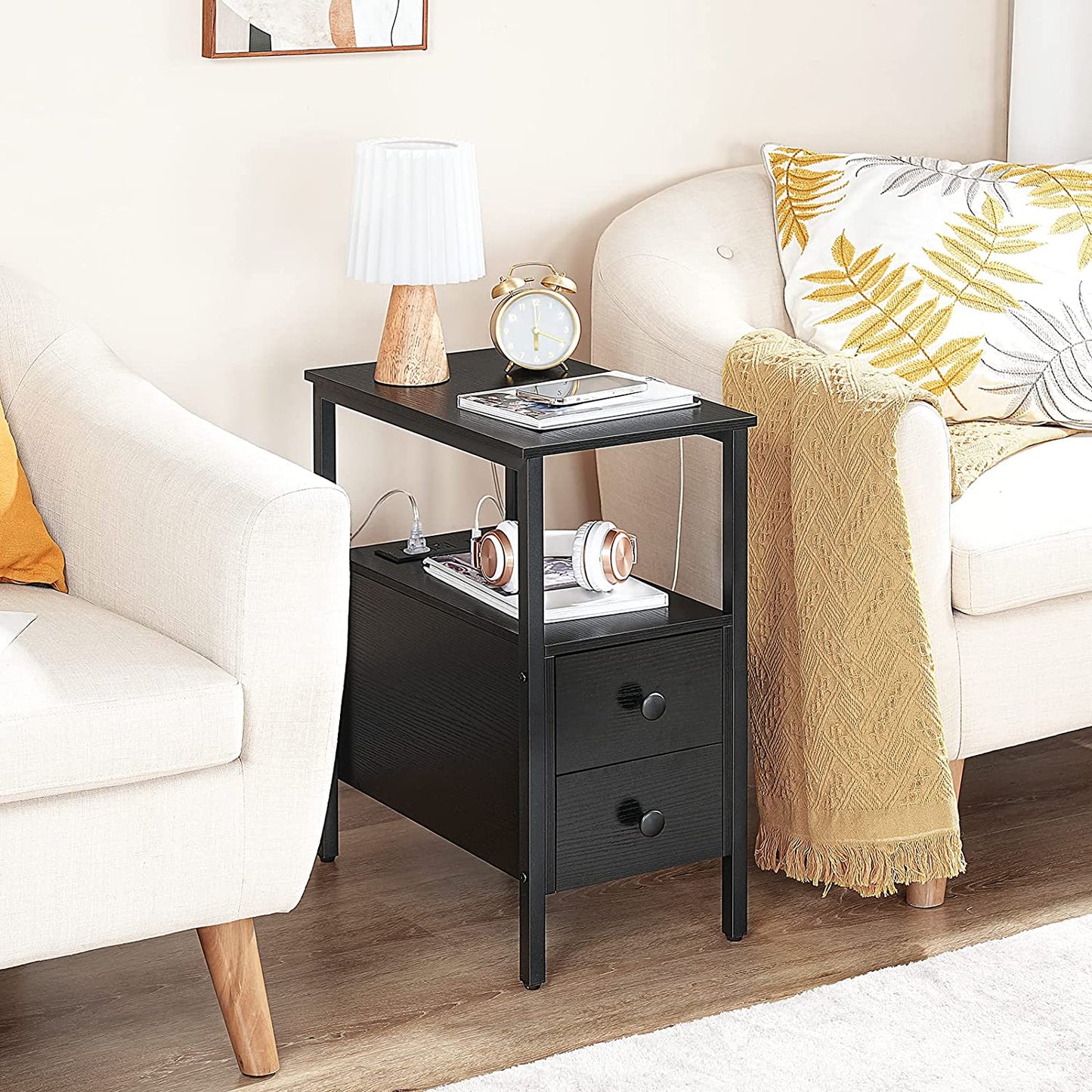 Inhabit Side Table With Charging Station & 2 Drawers
