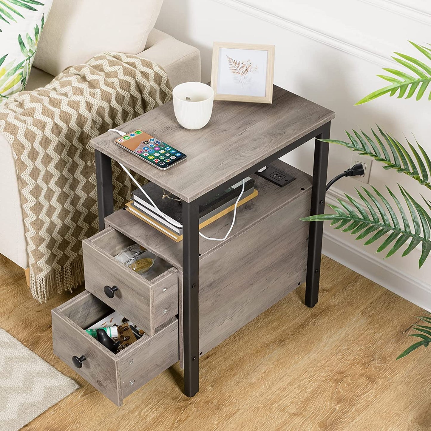 Inhabit Side Table With Charging Station & 2 Drawers