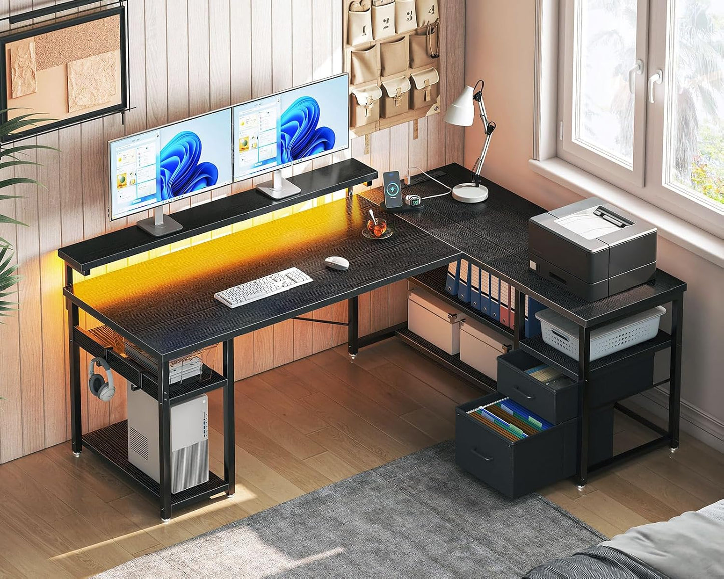Inhabit 135cm Office, Home, Gaming L-Shaped Desk With Drawers & Shelves