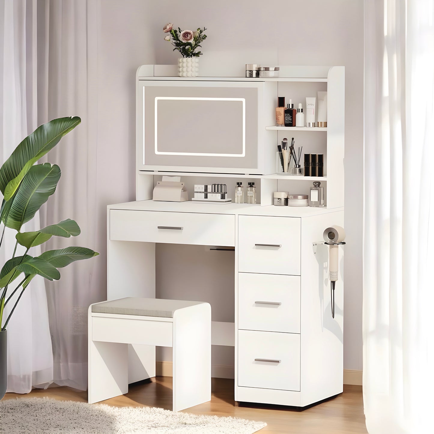 Inhabit Touch Mirrored Makeup Vanity With Stool Chair