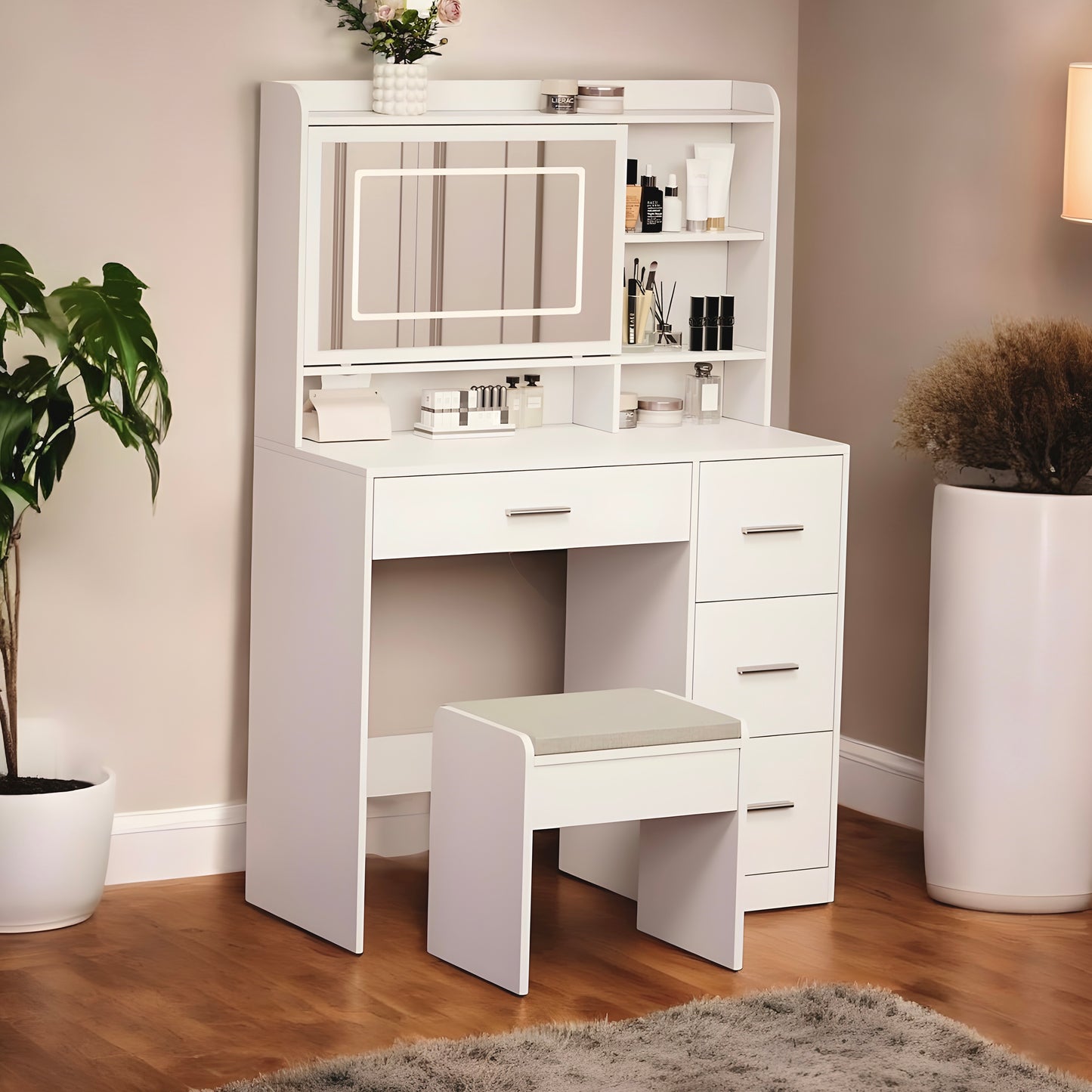 Inhabit Touch Mirrored Makeup Vanity With Stool Chair