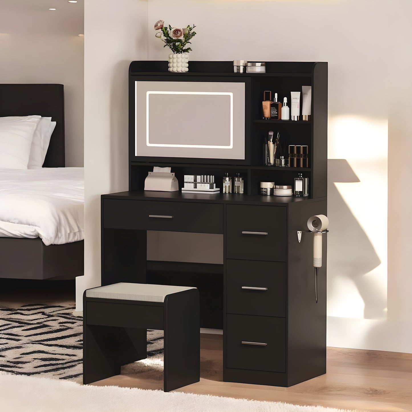 Inhabit Touch Mirrored Makeup Vanity With Stool Chair