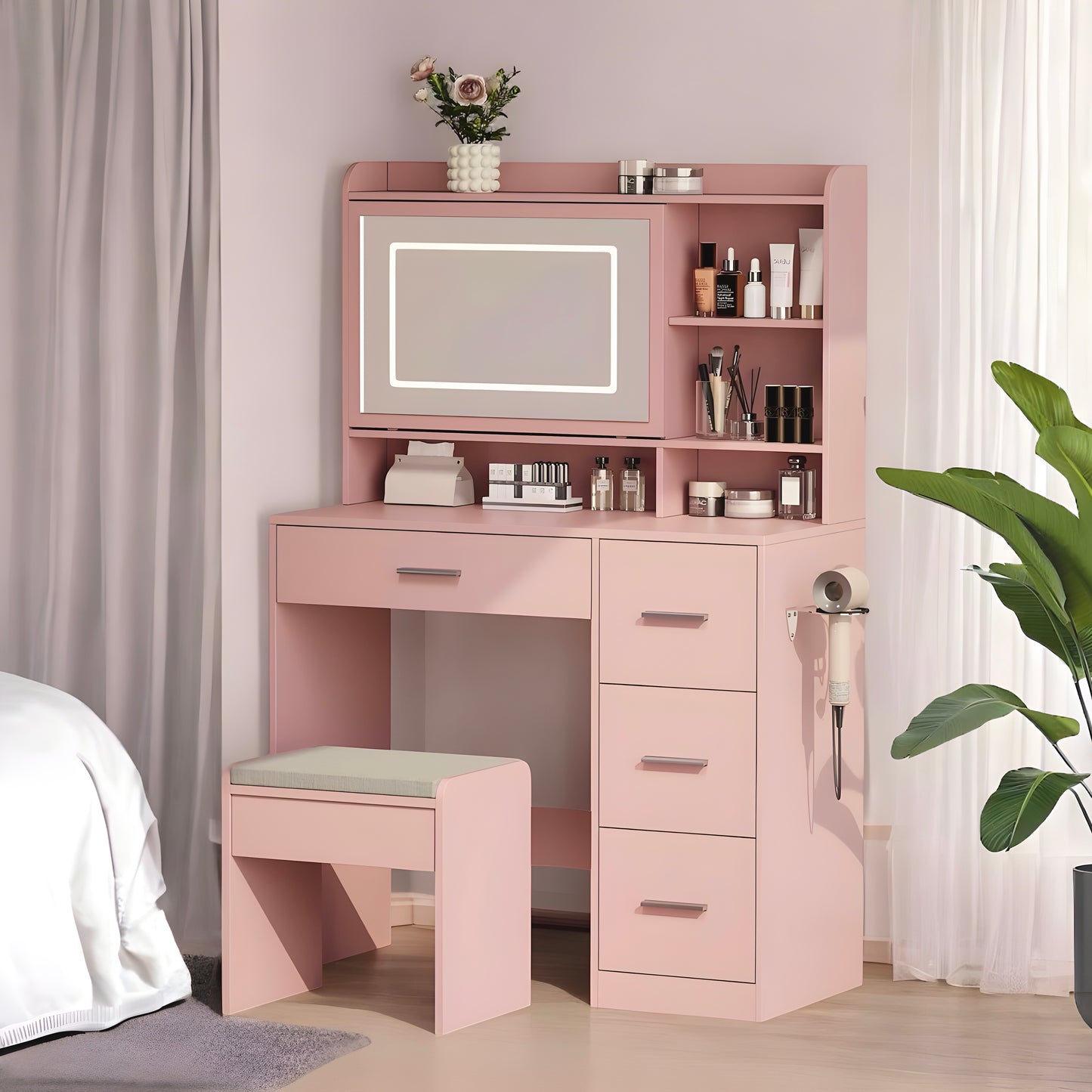 Inhabit Touch Mirrored Makeup Vanity With Stool Chair