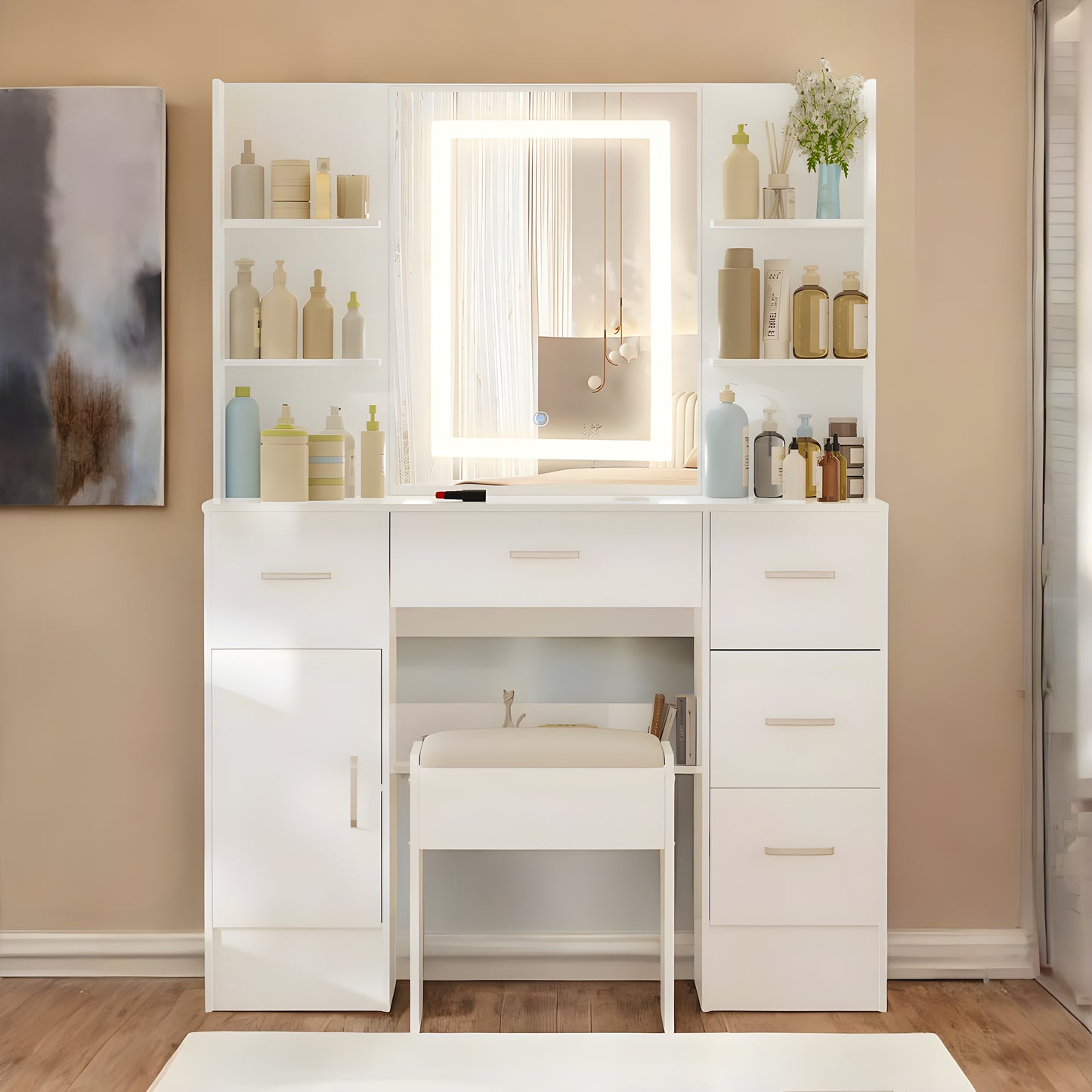 Inhabit Extra Storage Touch Mirrored Makeup Vanity With Stool Chair