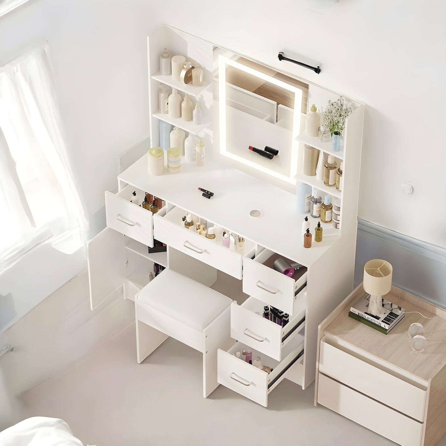 Inhabit Extra Storage Touch Mirrored Makeup Vanity With Stool Chair