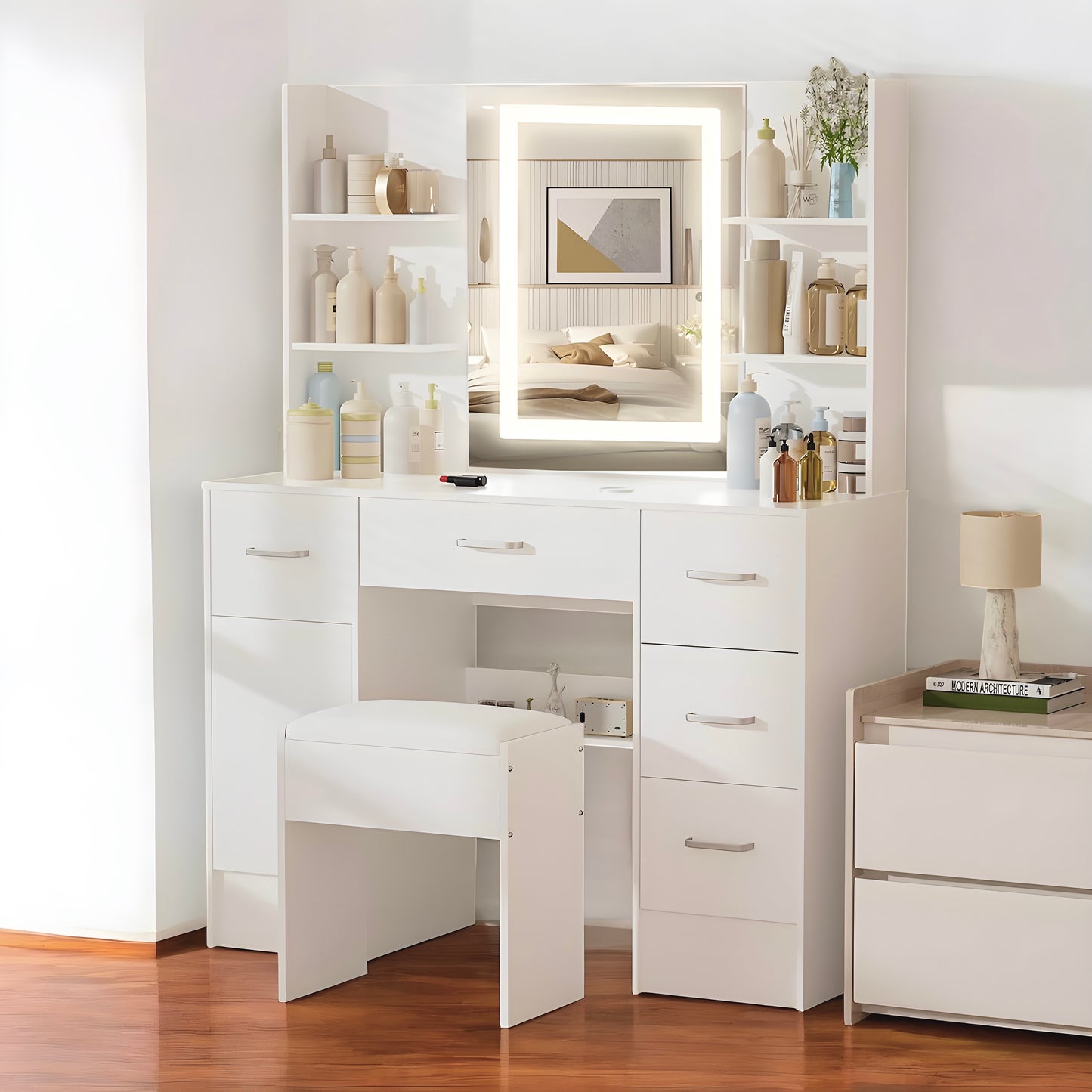 Inhabit Extra Storage Touch Mirrored Makeup Vanity With Stool Chair