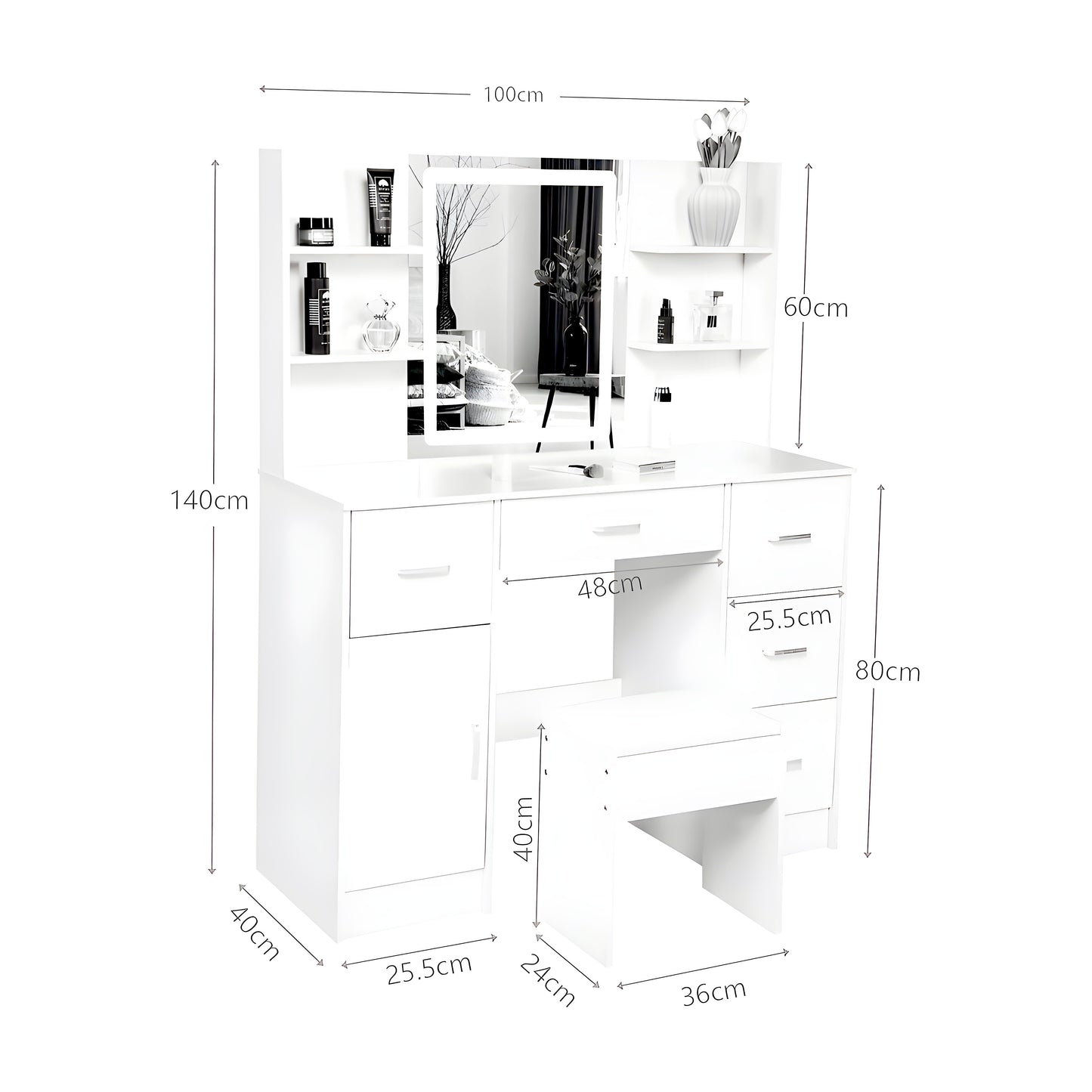 Inhabit Extra Storage Touch Mirrored Makeup Vanity With Stool Chair