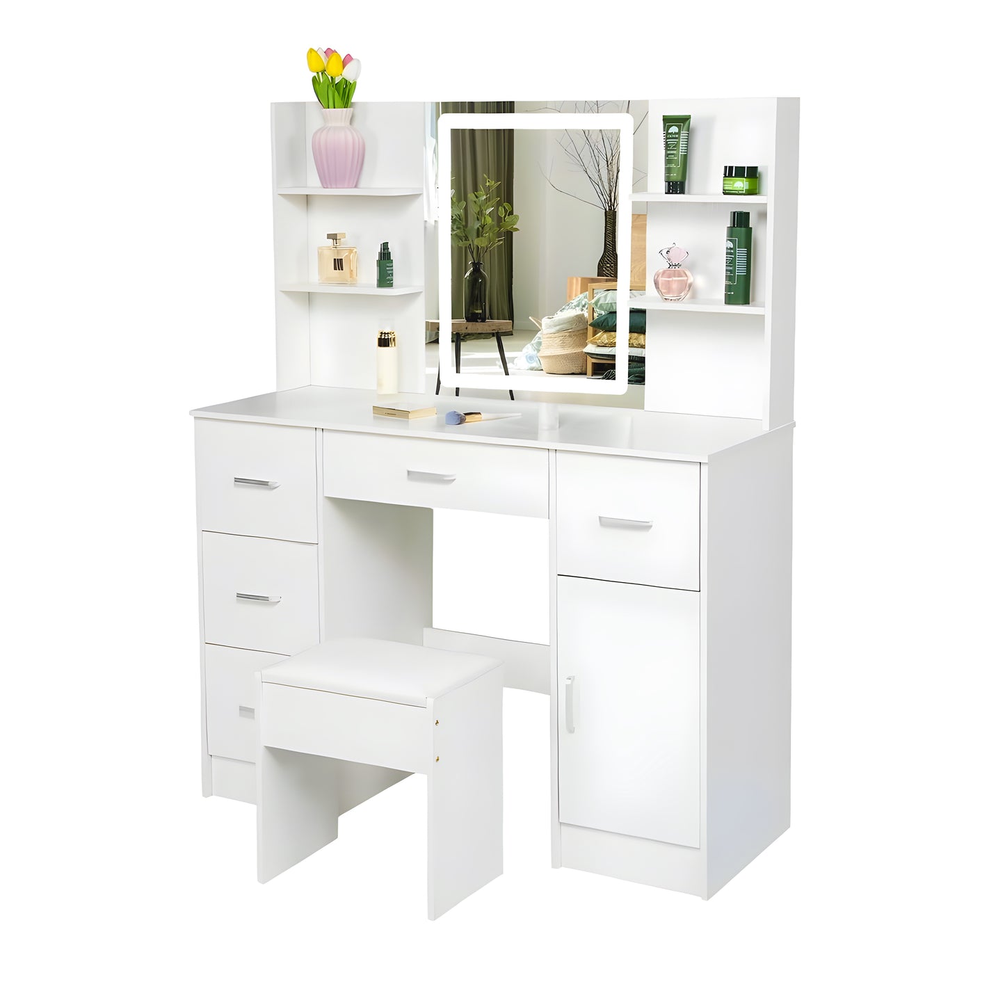 Inhabit Extra Storage Touch Mirrored Makeup Vanity With Stool Chair