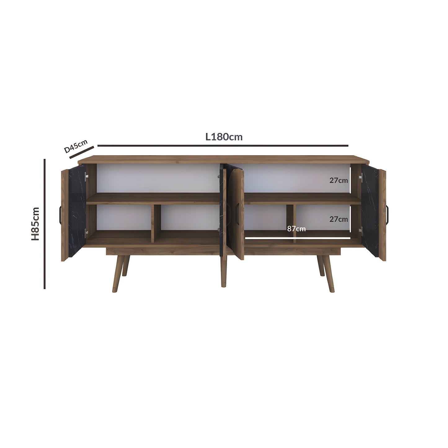 Inhabit Curved Buffet Black Marble Wood Effect X Walnut Brown