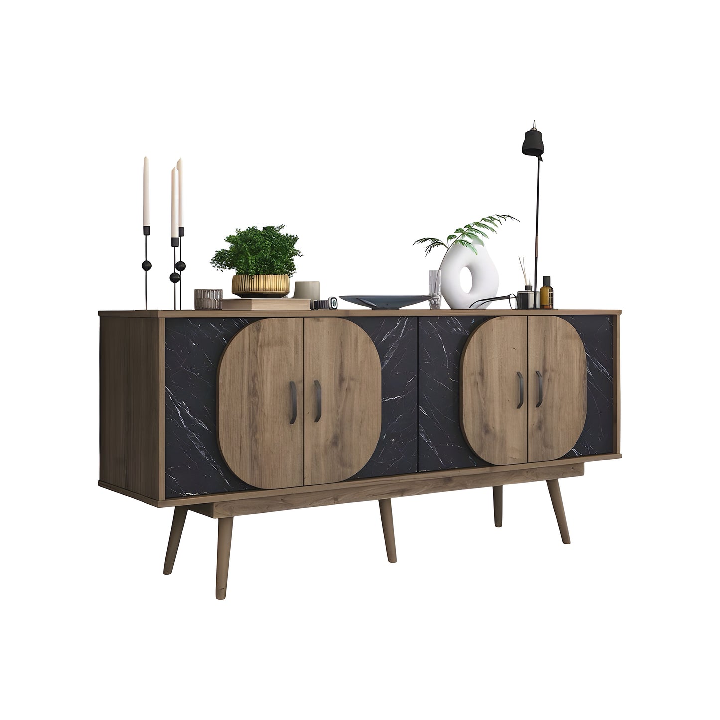 Inhabit Curved Buffet Black Marble Wood Effect X Walnut Brown