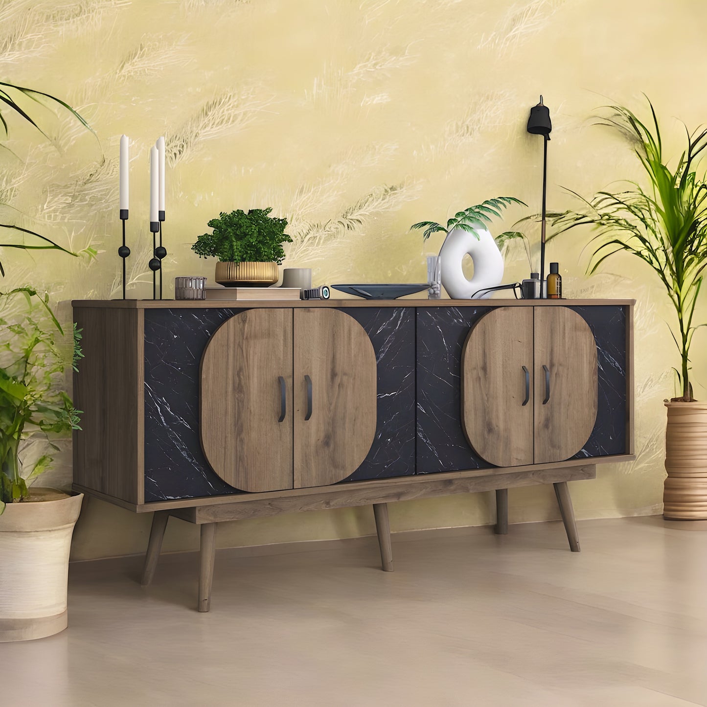 Inhabit Curved Buffet Black Marble Wood Effect X Walnut Brown