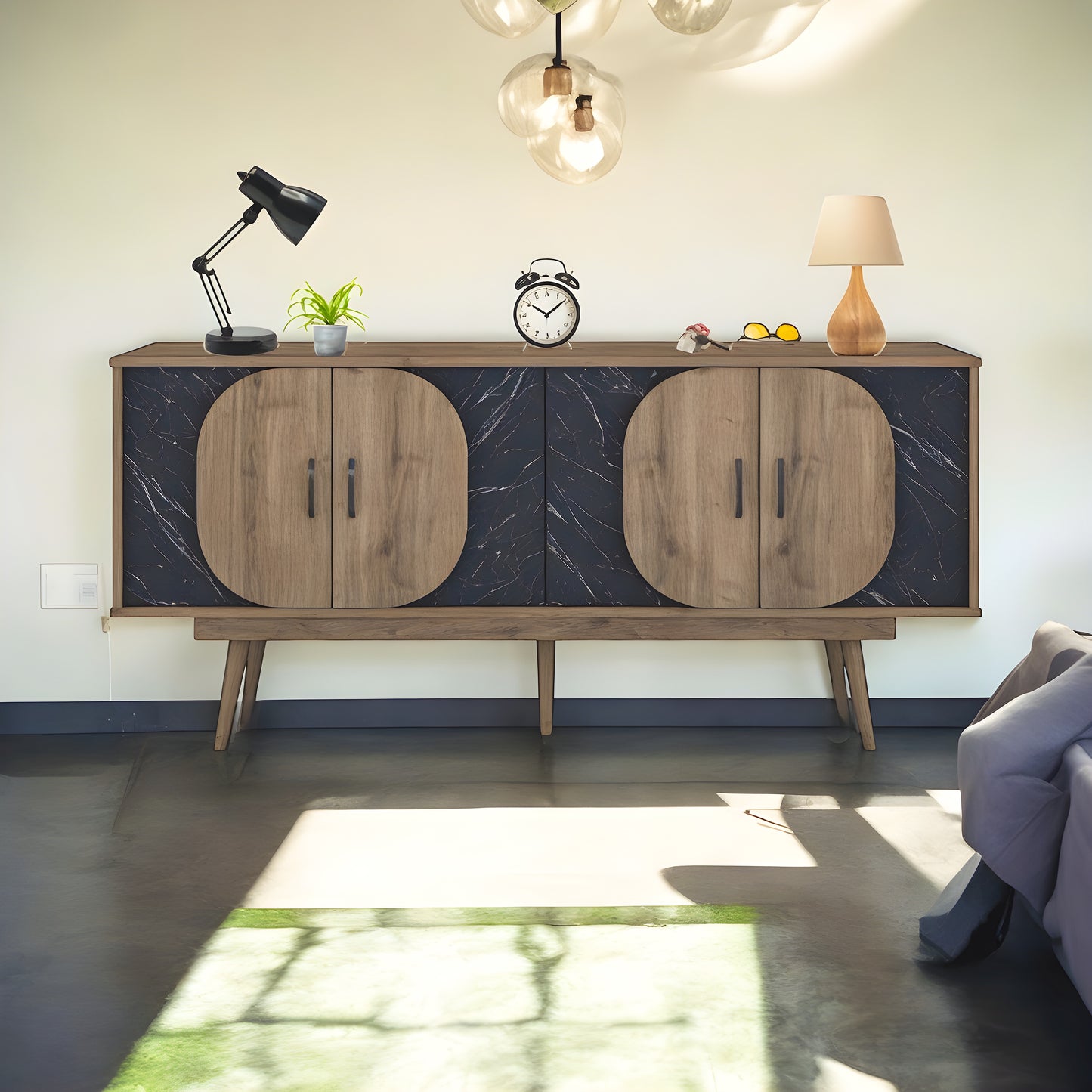 Inhabit Curved Buffet Black Marble Wood Effect X Walnut Brown