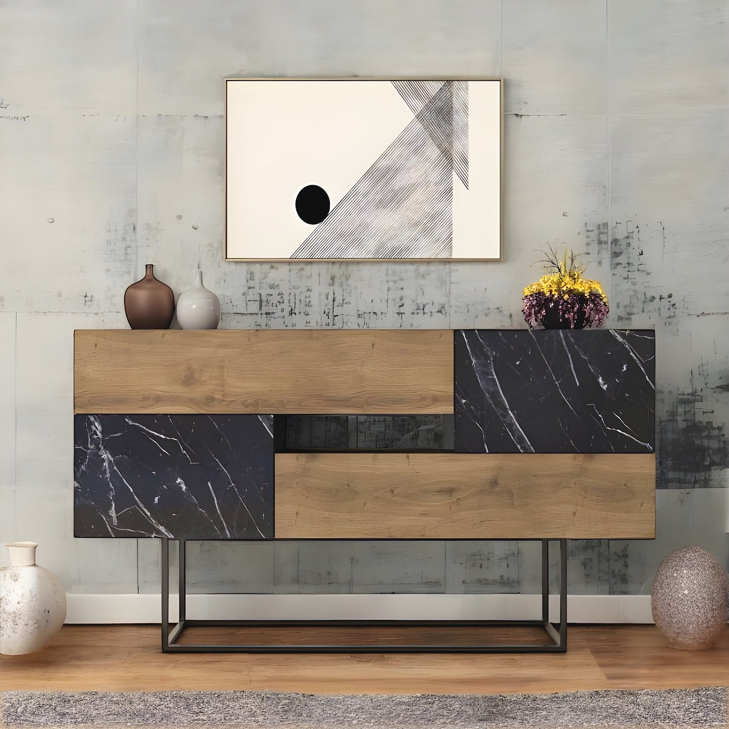 Inhabit Entryway Black Wood Marble Effect X Walnut Brown