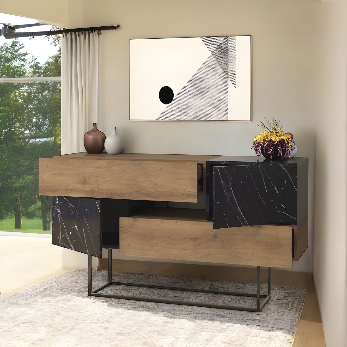 Inhabit Entryway Black Wood Marble Effect X Walnut Brown