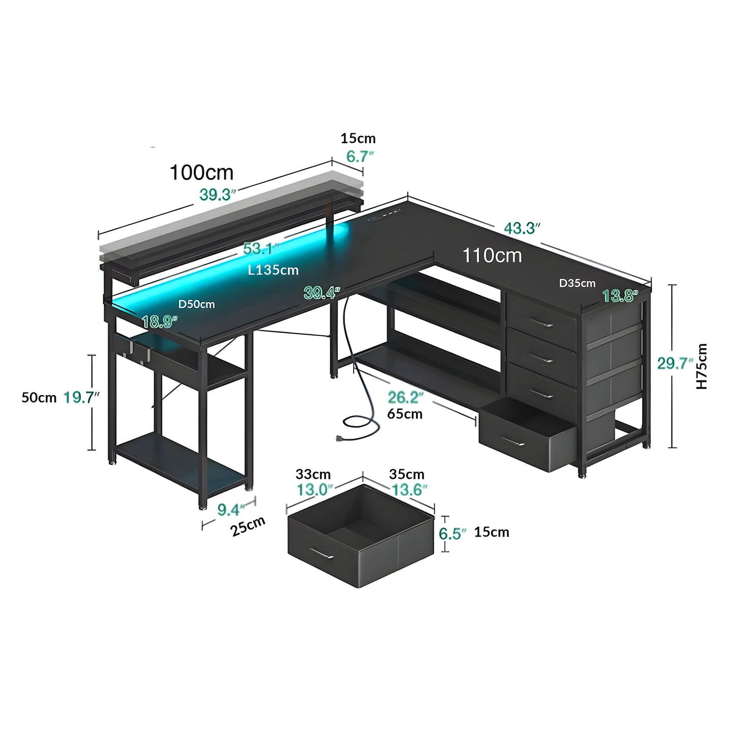 مكتب تخزين مرتفع على شكل حرف L مقاس 135 سم مع مصدر طاقة مدمج ومصباح LED
