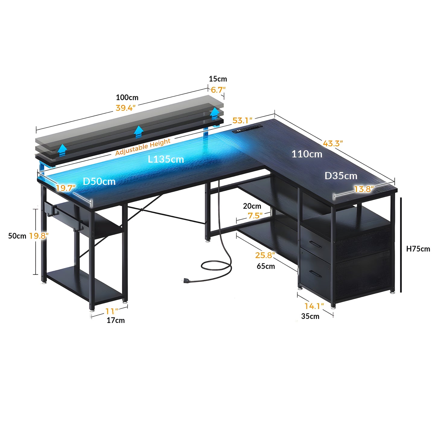Inhabit 135cm Office, Home, Gaming L-Shaped Desk With Drawers & Shelves