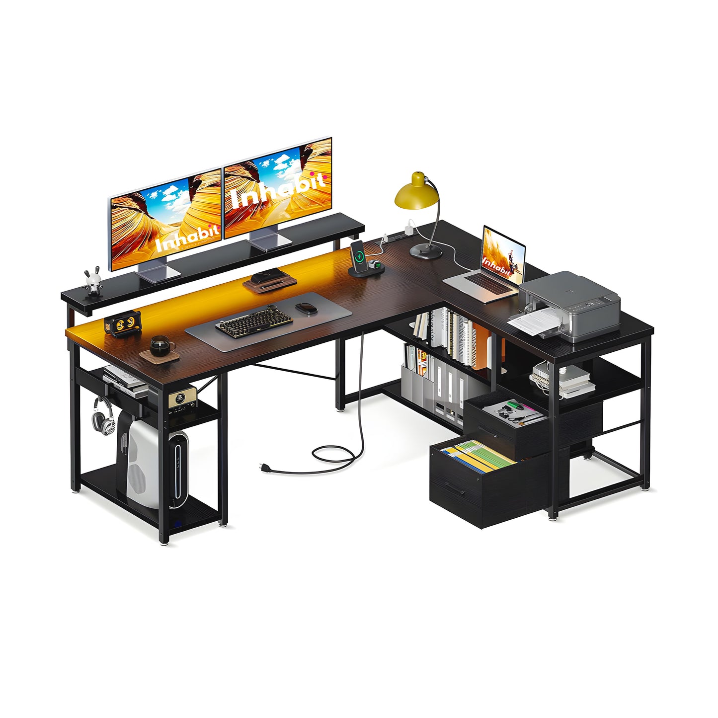 Inhabit 135cm Office, Home, Gaming L-Shaped Desk With Drawers & Shelves
