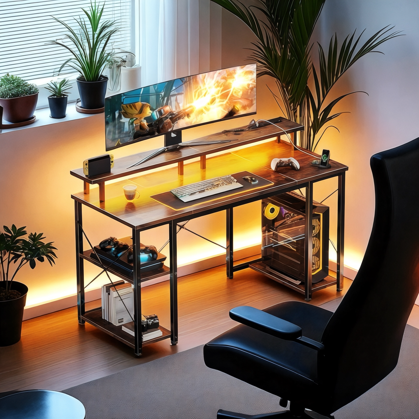 مكتب ألعاب Inhabit مقاس 120 سم مع أضواء LED ومخرج طاقة وحامل شاشة