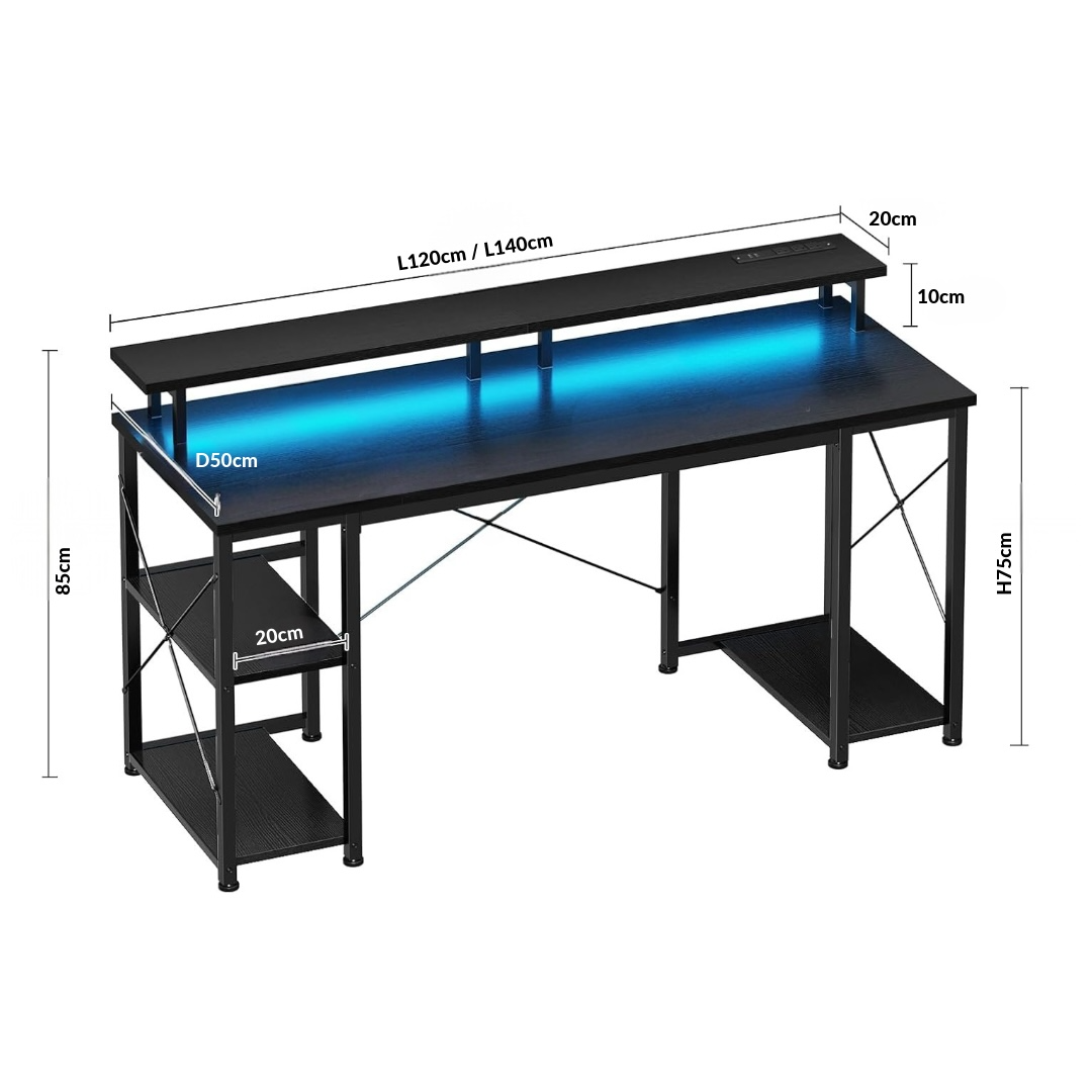 مكتب ألعاب Inhabit مقاس 120 سم مع أضواء LED ومخرج طاقة وحامل شاشة