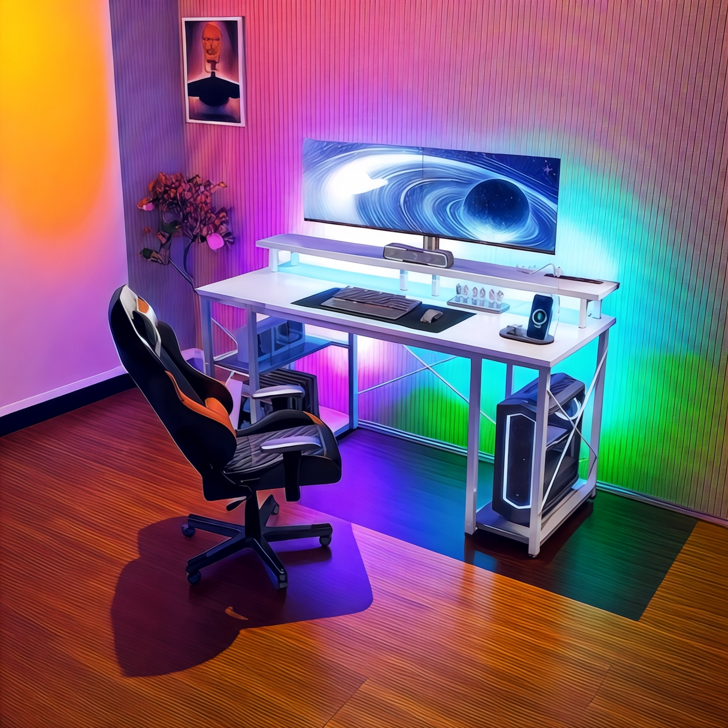 مكتب ألعاب Inhabit مقاس 120 سم مع أضواء LED ومخرج طاقة وحامل شاشة