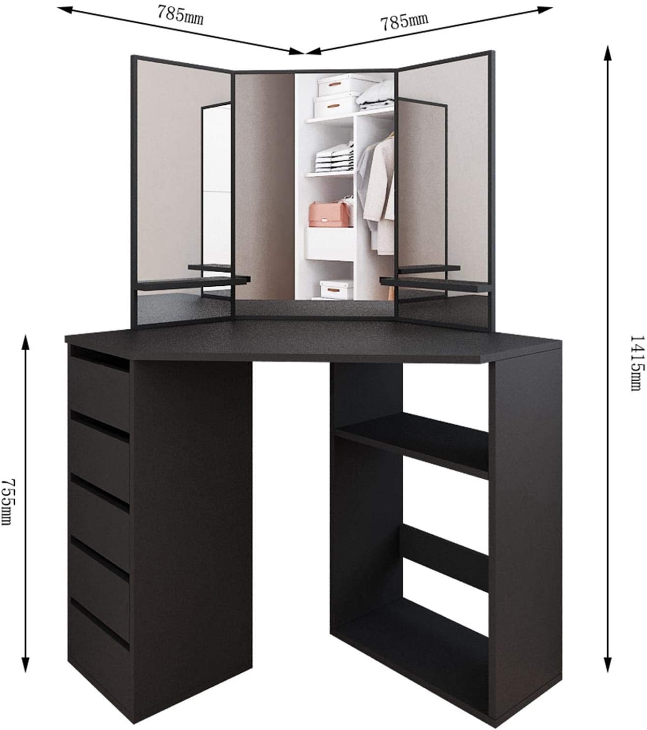 Inhabit Corner Makeup Vanity Solid Wood With 5 Drawers & 3 Shelves In 5 Colors