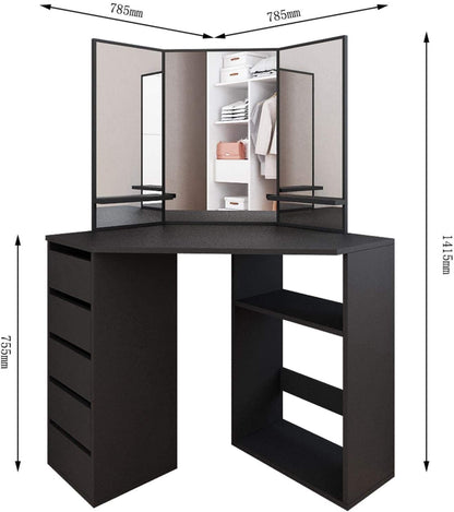 Inhabit Corner Makeup Vanity Solid Wood With 5 Drawers & 3 Shelves In 5 Colors