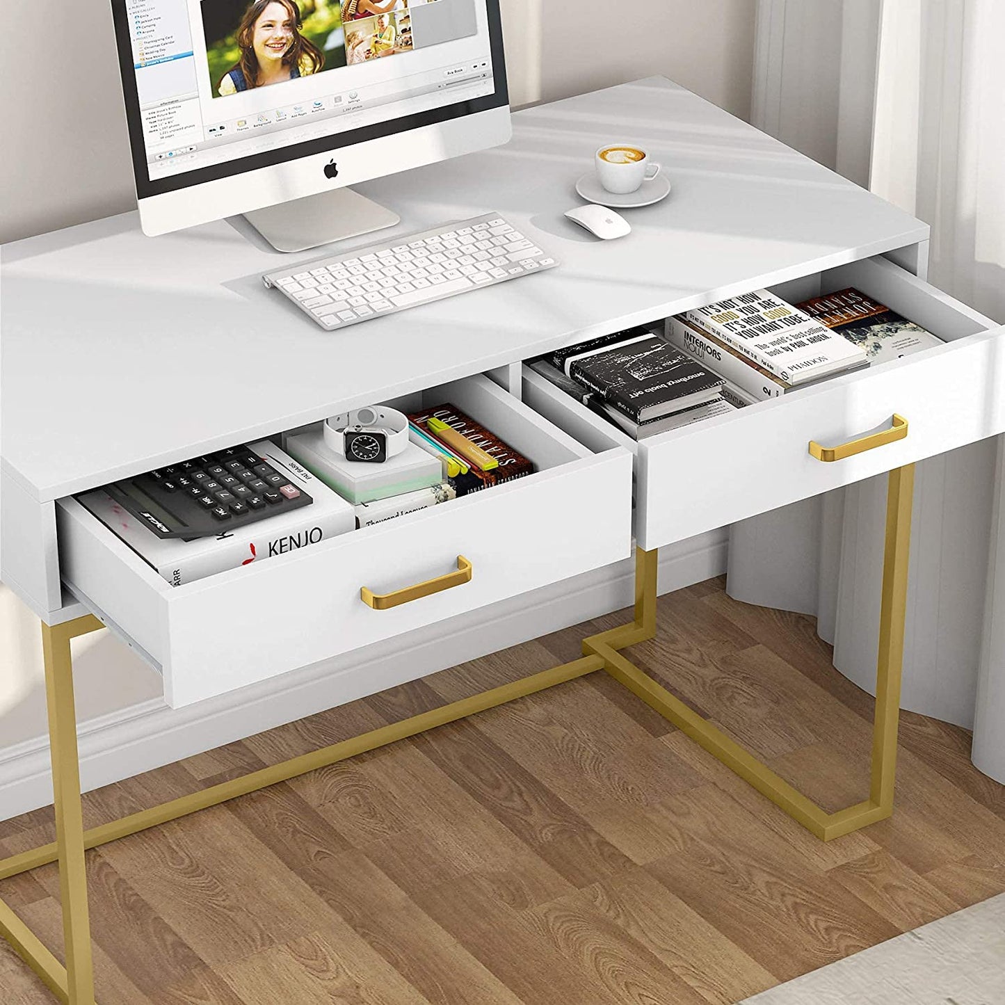 Inhabit Ultra Gold X White Multipurpose 100cm Desk / Dresser In Wood & Metal