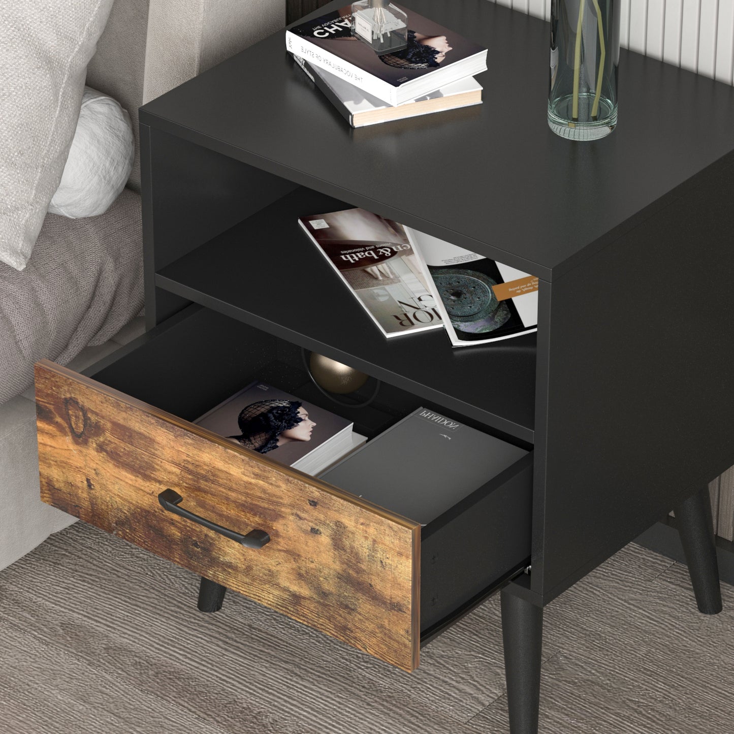 Inhabit Black X Rustic Brown Wood Nightstand With Drawer & Shelf
