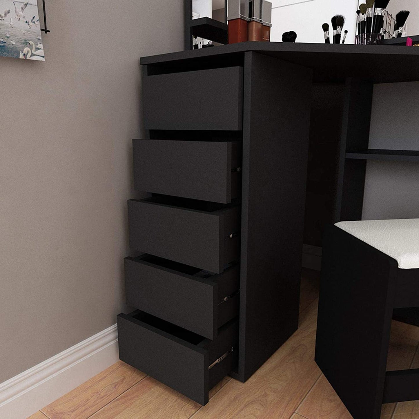 Inhabit Corner Makeup Vanity Solid Wood With 5 Drawers & 3 Shelves In 5 Colors
