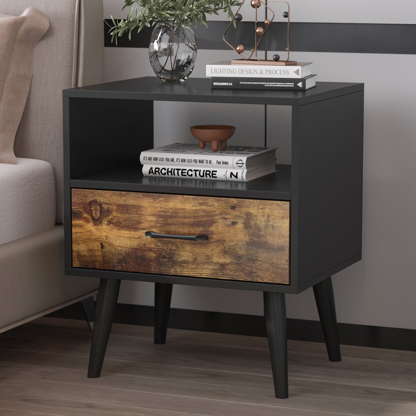 Inhabit Black X Rustic Brown Wood Nightstand With Drawer & Shelf