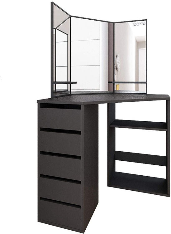 Inhabit Corner Makeup Vanity Solid Wood With 5 Drawers & 3 Shelves In 5 Colors