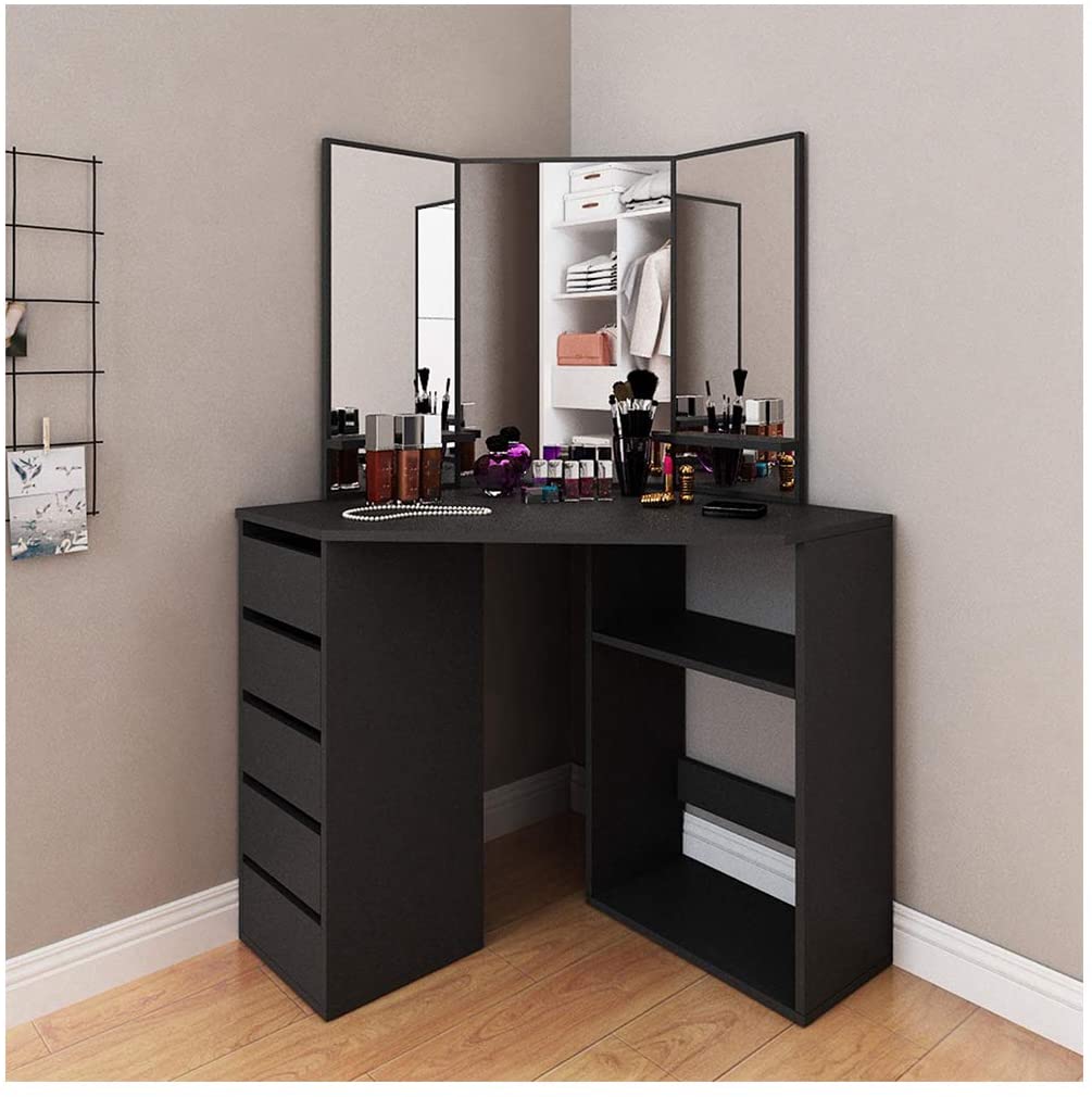 Inhabit Corner Makeup Vanity Solid Wood With 5 Drawers & 3 Shelves In 5 Colors