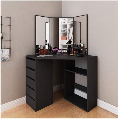 Inhabit Corner Makeup Vanity Solid Wood With 5 Drawers & 3 Shelves In 5 Colors