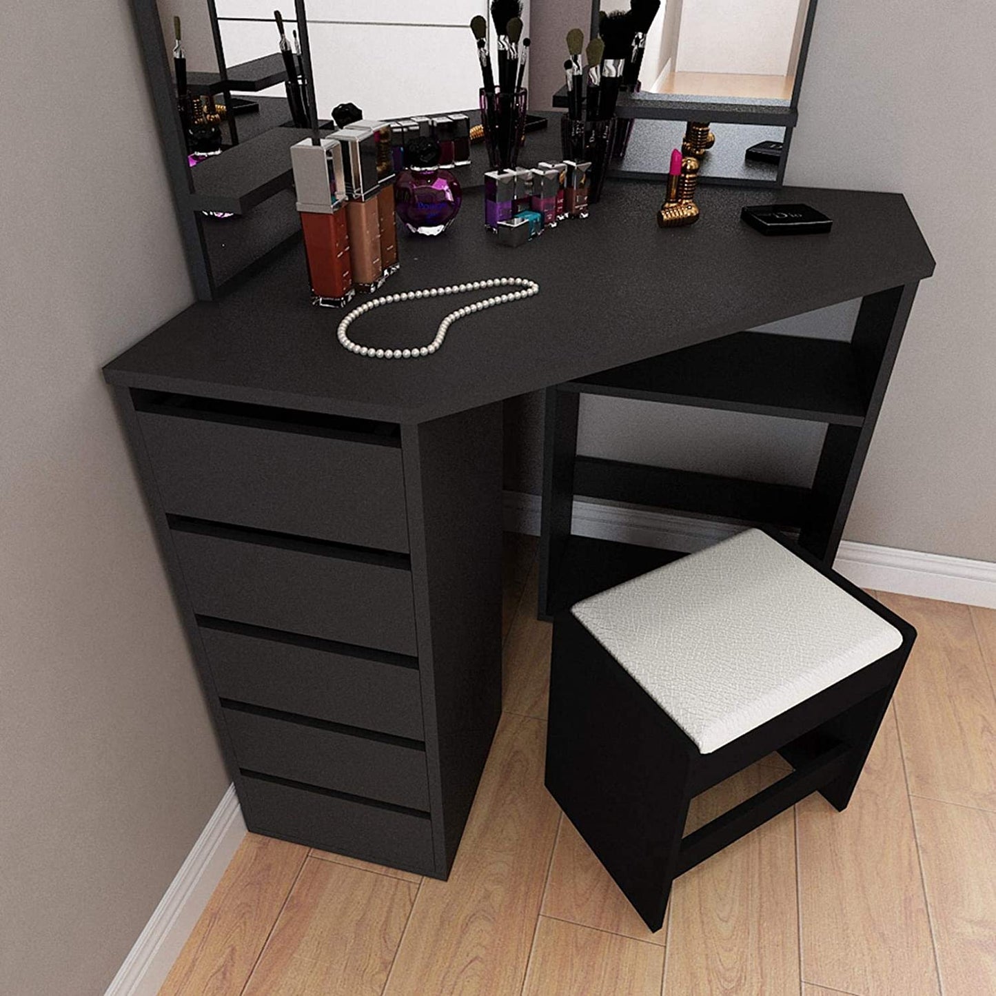 Inhabit Corner Makeup Vanity Solid Wood With 5 Drawers & 3 Shelves In 5 Colors