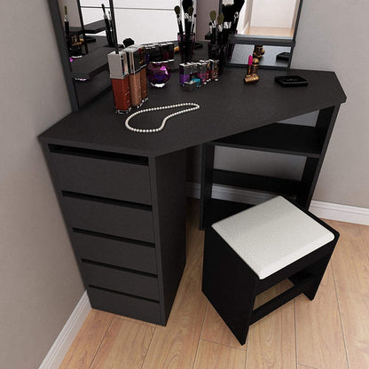 Inhabit Corner Makeup Vanity Solid Wood With 5 Drawers & 3 Shelves In 5 Colors