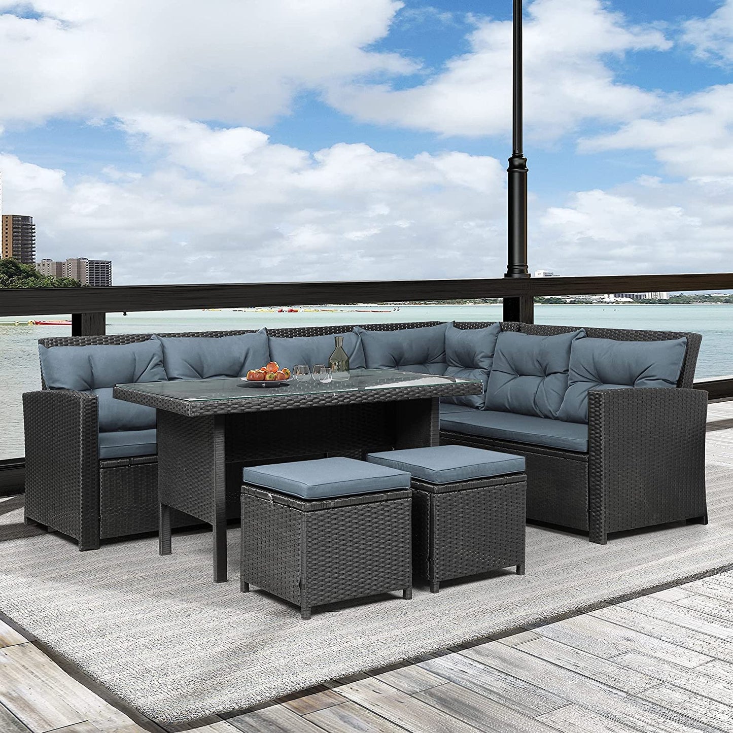 Inhabit L-Shaped Sofa With 2 Buffs & Rectangular Table In Rattan