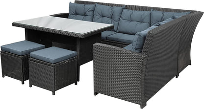 Inhabit L-Shaped Sofa With 2 Buffs & Rectangular Table In Rattan