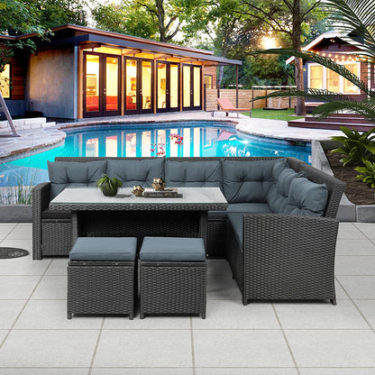 Inhabit L-Shaped Sofa With 2 Buffs & Rectangular Table In Rattan