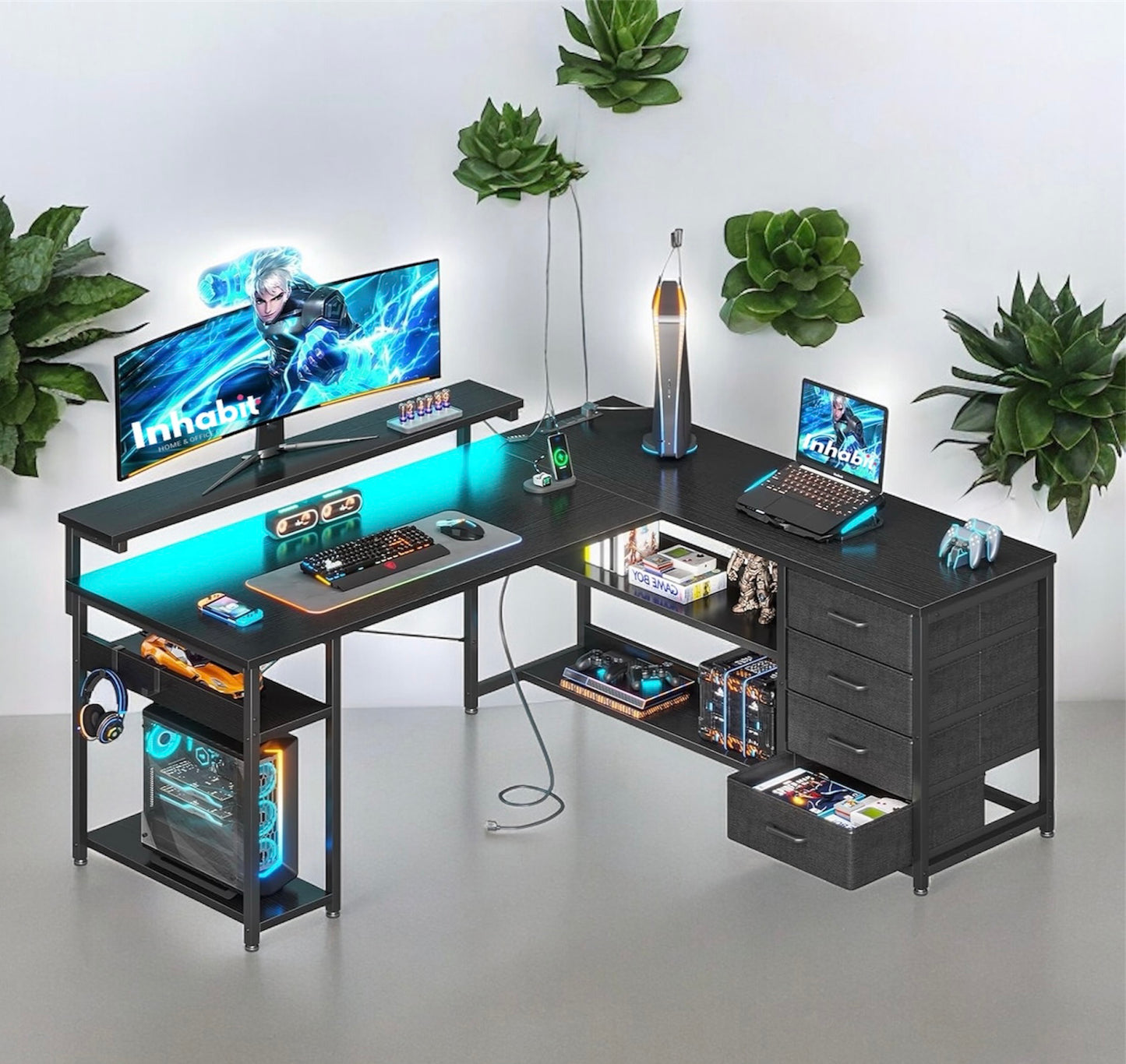 Inhabit 135cm L-Shaped High Storage Desk With Built In Power Supply & LED