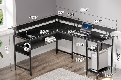 مكتب Inhabit Rockstar على شكل حرف L مقاس 120 سم مع مخرج طاقة مدمج وإضاءة LED