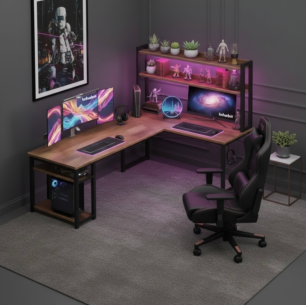Inhabit Velaro Hutch L-Shaped Desk With Built In LED