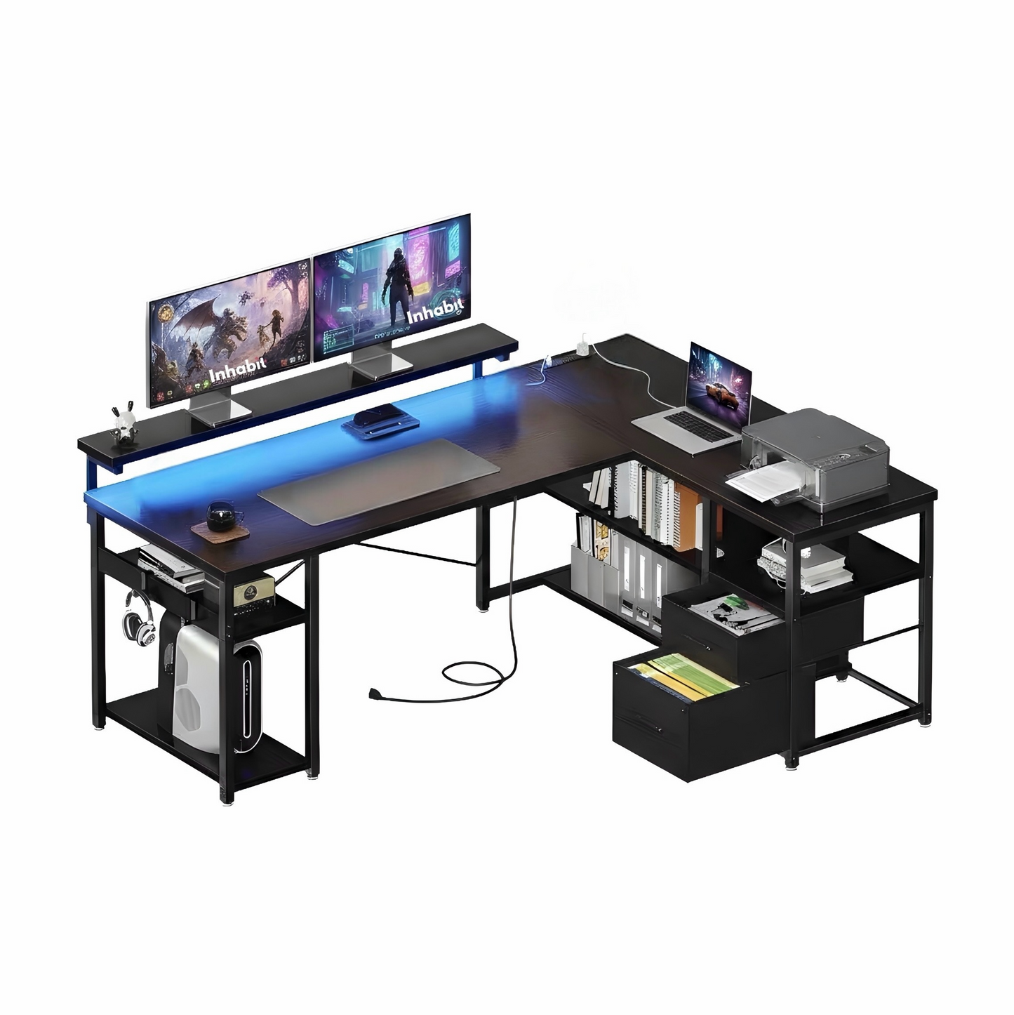 Inhabit 135cm Office, Home, Gaming L-Shaped Desk With Drawers & Shelves