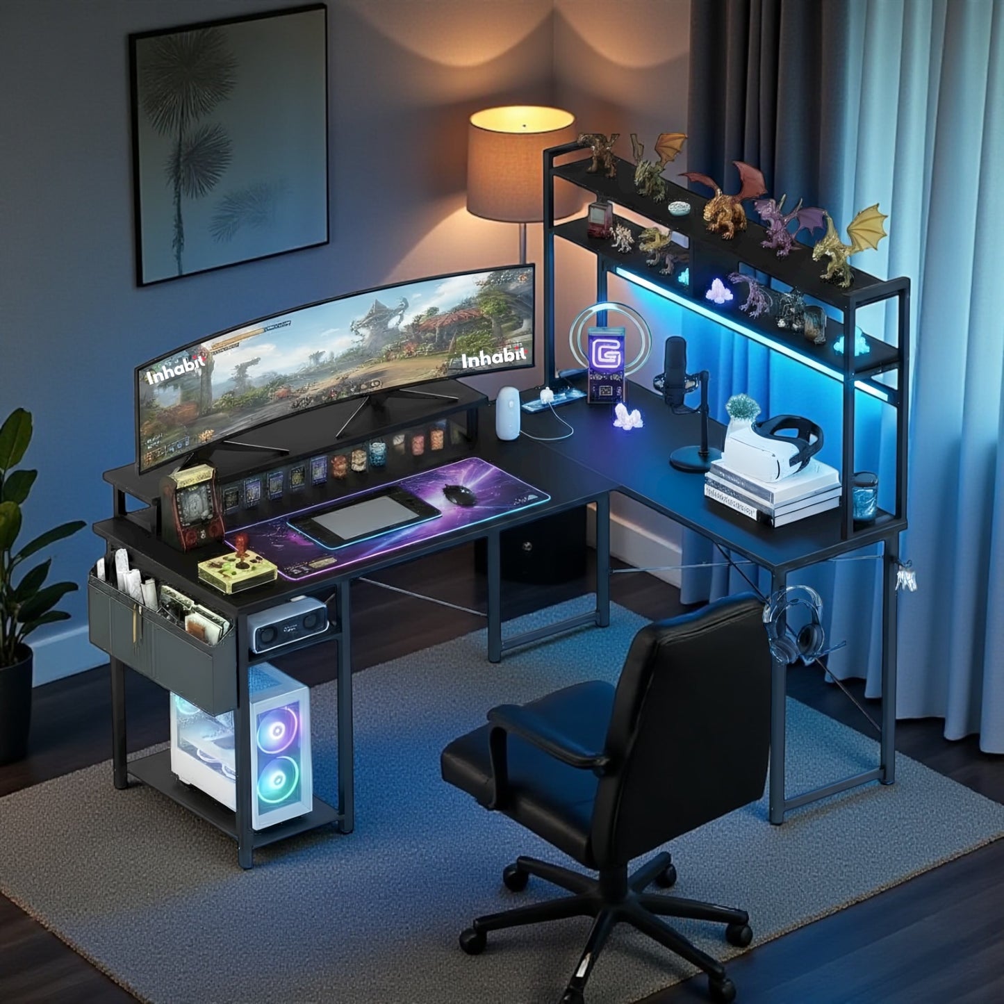 مكتب على شكل حرف L من Inhabit Hutch مقاس 150 سم مزود بإضاءة LED مدمجة بثلاثة ألوان