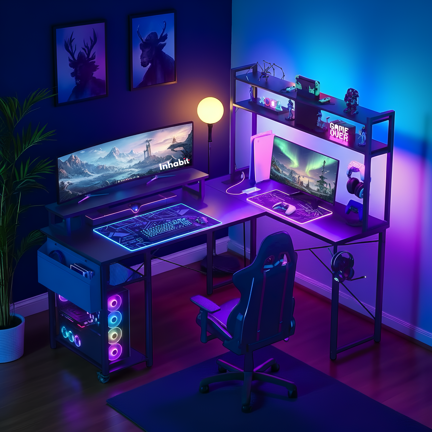 مكتب على شكل حرف L من Inhabit Hutch مقاس 150 سم مزود بإضاءة LED مدمجة بثلاثة ألوان