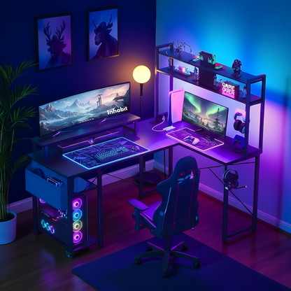 مكتب على شكل حرف L من Inhabit Hutch مقاس 150 سم مزود بإضاءة LED مدمجة بثلاثة ألوان