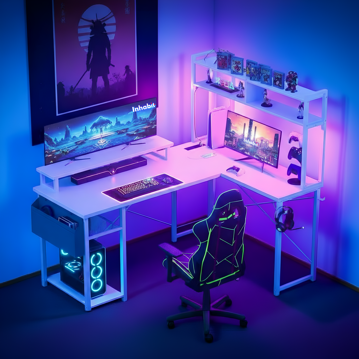 مكتب على شكل حرف L من Inhabit Hutch مقاس 150 سم مزود بإضاءة LED مدمجة بثلاثة ألوان