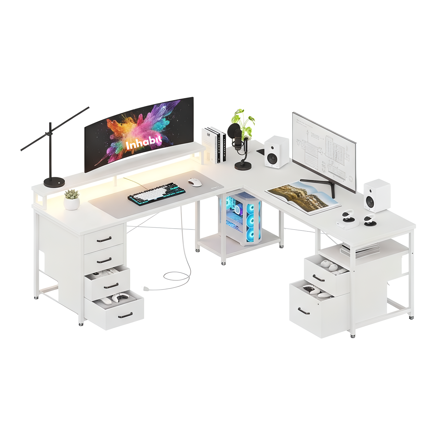 مكتب تخزين مرتفع على شكل حرف L مقاس 165 سم من Inhabit Big Show مزود بإضاءة LED ومصدر طاقة