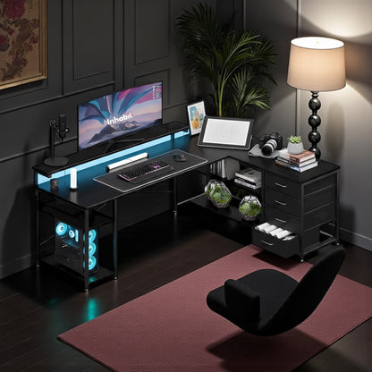 مكتب تخزين مرتفع على شكل حرف L مقاس 135 سم مع مصدر طاقة مدمج ومصباح LED